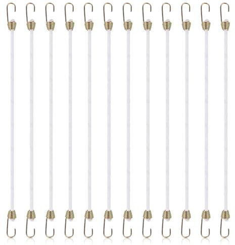 Piriuuo 12 Pcs White Bungee Cords With Hooks, 11 Inch Heavy Duty Bungee Straps Strong Elastic Rope Small Bungee Cords Rubber Strap For Camping Luggage Rack Car Tents Bikes Rvs