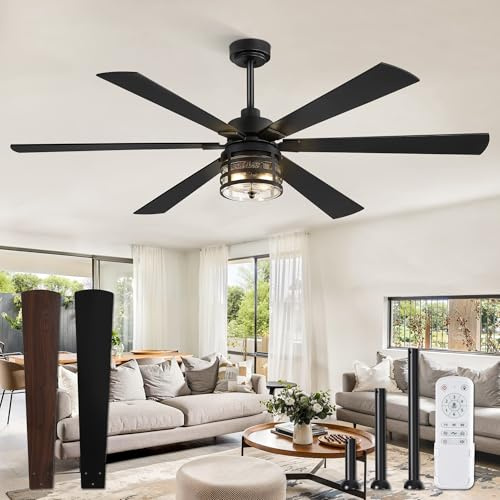 Fanbulous - Ventilateurs de plafond de 165 cm avec lumières et télécommande, grand ventilateur de plafond industriel avec moteur CC réversible à 6 vitesses et 6 lames à double finition, ventilateur