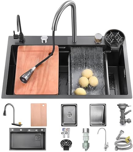 KOOGIMDDR - Lavandino da cucina con superficie di lavoro, 68 x 45 cm, dotato di rubinetto a cascata, in acciaio inox, per uso domestico, con idropulitrice, tagliere, scolapiatti e accessori