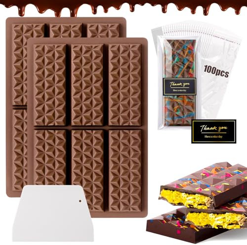 ZAHRVIA Moule à Tablette De Chocolat Profond En Silicone 2 pièces avec moule à chocolat antiadhésif à 6 cavités, moule à praline, avec spatule, sachet et autocollants