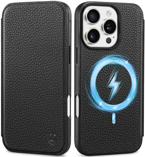 SHIELDON Hülle für iPhone 16 Pro, Slim Schutzhülle [Litschi Echtleder] [Kabelloses Laden] [Kartenfach] [RFID Blocker] TPU Case Handyhülle Kompatibel mit iPhone 16 Pro 5G 6,3 - Schwarz