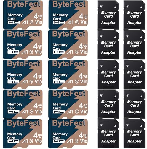 ByteFest Lot de 10 Cartes Mémoire MicroSD 4 Go avec 10 Adaptateurs, Classe 10 Micro SDHC, Vidéo HD, V10, A1, TF Card pour Lecteur MP3/Smartphone/Tablettes/Dash Cam/Caméra de Sport/Surveillance