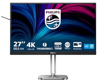 Philips 27B2U6903-27 Zoll Ultra HD Monitor, höhenverstellbar, Lautsprecher (3840x2160, 60 Hz, 2X HDMI, DisplayPort, Thunderbolt 4, RJ45, USB Hub) schwarz grau