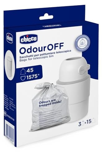 Chicco Odour Off Pouches, Toilettenfresser Beutel, Teleskop Müllbeutel, dreilagiges stabiles Material, hält Gerüche zurück, 45 Beutel, 15x3