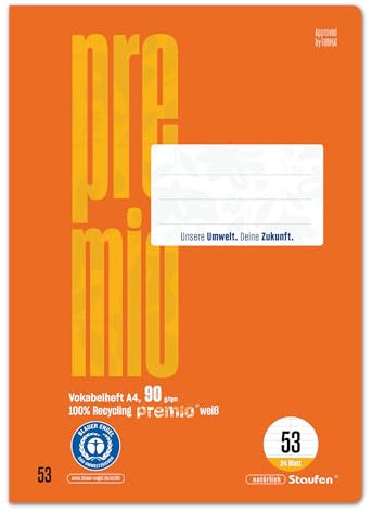Staufen premio Vokabelheft - 5 Hefte je 24 Blatt, DIN A4, Lineatur 53 (mit Mittellinie), 90 g/m² Recyclingpapier