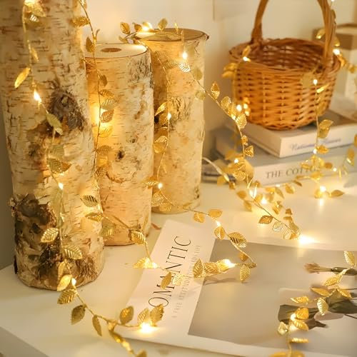 Fairy Lights Battery Operated Indoor Ivy Gold Garland Lights Light Up Garland Christmas Table Lights Warm White Micro LED Leaf Fairy Lights Autumnal String Fairy Lights Garland 2m