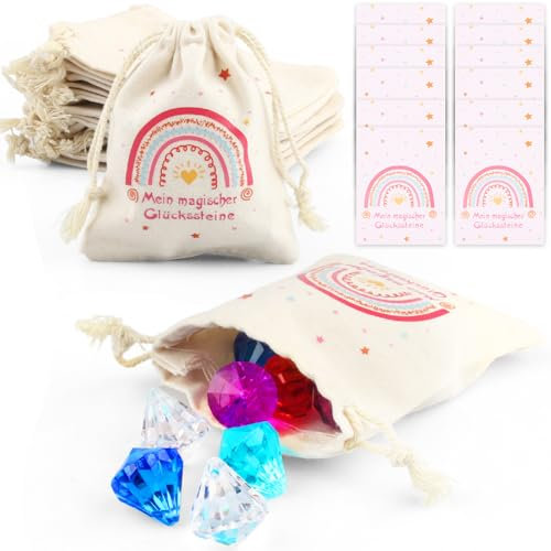 Glückssteine Geschenkset für Kinder | 12 Schatzsteine + 12 Jutesäckchen + 12 Glückwunschkarten | Ideales Mitgebsel für Kindergeburtstag, Wichtelgeschenk & Geschenkverpackung
