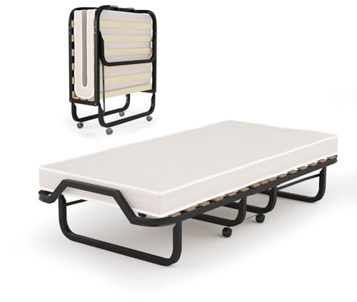LIFEZEAL Klappbett, Klappbares Gästebett im Metallrahmen, Faltbares Einzelbett mit Matratze aus Memory Foam, Erwachsene Metallbett auf 4 Rädern (Beige, 200 x 80 x 41 cm)