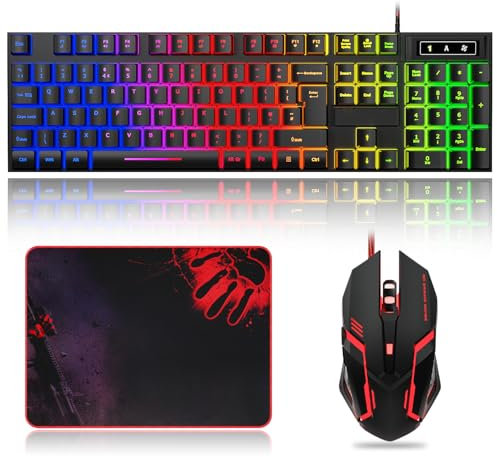 Rewurnth 75% TKL, tastiera e mouse wireless da gioco, layout QWERTZ DE, illuminazione RGB, controllo del volume, mouse LED con display, ricaricabile