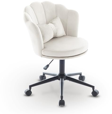 AUKWIK Ergonomischer Bürostuhl, Schminktisch Stuhl aus Samt, Schreibtischstuhl mit blütenblattförmige Rückenlehne, Drehstuhl mit Rollen für Wohnzimmer, Schlafzimmer, Beige