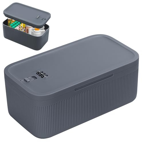 Kleine abschließbare Box, Verschließbare Box aus BPA-freiem für Medikamente, Handy, Snacks, Sichere Medikamentenbox für Haushalt, Büro, Reisen, Kühlschrank, Box mit Schloss, 23,9x13,1x9,6CM, Graublau