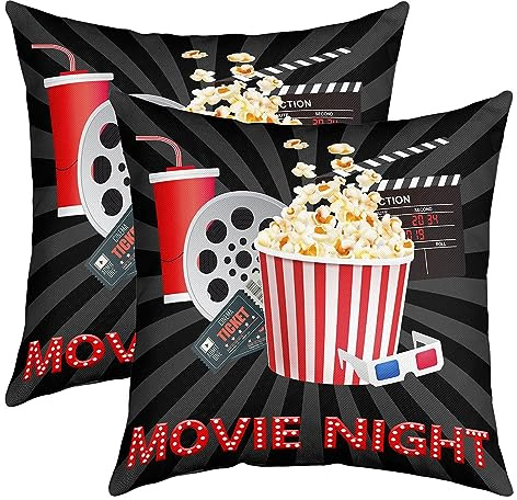 Kissen Dekokissen Film 3D Vintage Kino Popcorn Glitzer 2Er Set Polyester Dekokissenbezug Für Bank Kinder Gartenmöbel