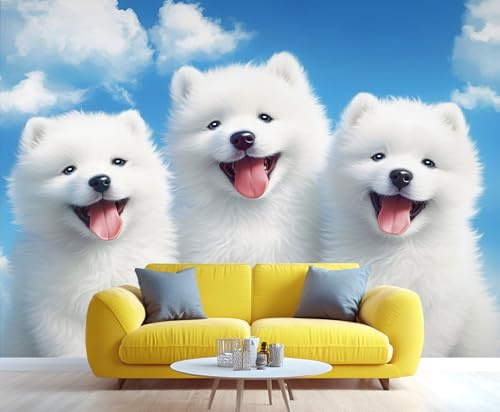 YXQAIED White Dog Wallpaper, Cute Puppy Wallpaper for Living Room, Dogs Lovers Bedroom Wallpapers, Photo 3D Wall Murals for Adults Room Decor (Not Peel and Stick)