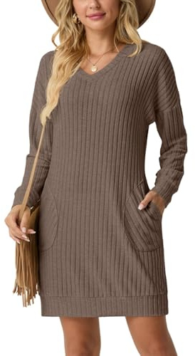 PrinStory Pulloverkleid Damen V-Ausschnitt Langarm Freizeitkleider Mit Taschen Herbst Winter Strickkleid