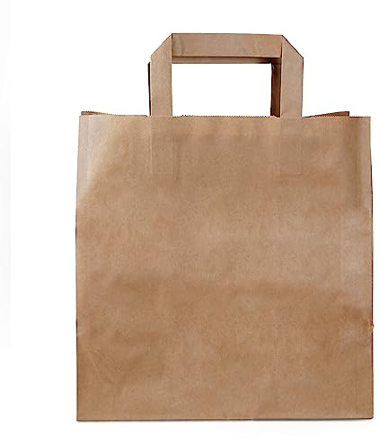 Commerline Papiertragetaschen 26×17×25cm, 500 Stück, Papiertüten mit Henkel | Braun, Kraftpapiertüten, Tragetaschen Papier, mit Flachhenkeln, für Bäckerei, Einzelhandel, Gastronomie & Catering