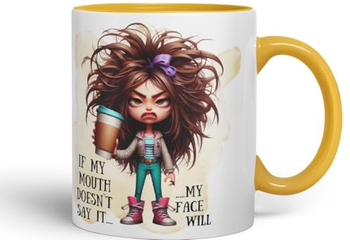 Grumpy Woman Funny Mug – If My Mouth Doesn’t Say It My Face Will – Coloured Ceramic Mug Cup Gift, 11oz (Gold Yellow)