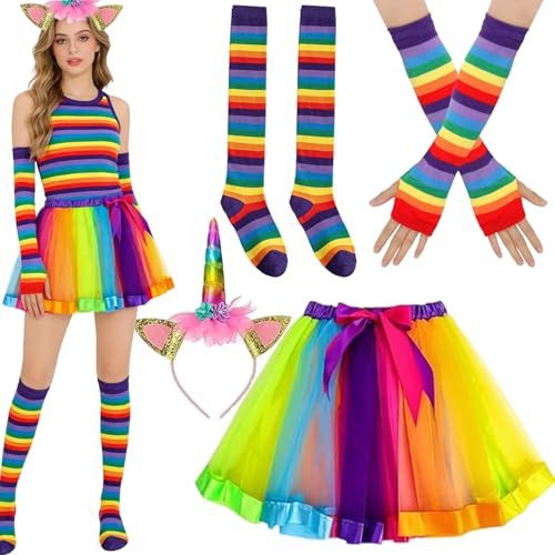 KOMEIYL Einhorn Kostüm Erwachsene, Einhorn Kostüm Damen, Regenbogen Damen Kostüm: 4 Stück Tüllrock Set, Einhorn Haarreif, Kniestrümpfe Bunt und Fingerlose Handschuhe, für Karnevalspartys Mottoparty