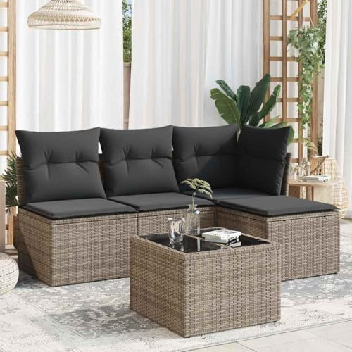 QJBSAVVA 5-TLG. Poly-Rattan Ecksofa Gartenmöbel Set 172x117x69 cm Grau mit Glasplatte Gartentisch, abwaschbare Kissen, modulare Lounge für Balkon Terrasse kleine Flächen