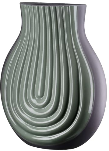 GILDE Vase Curve aus Keramik - bauchig - grün - glänzend - matt - geriffelt - Höhe 31cm x Breite 25cm - wasserdichte Blumenvase