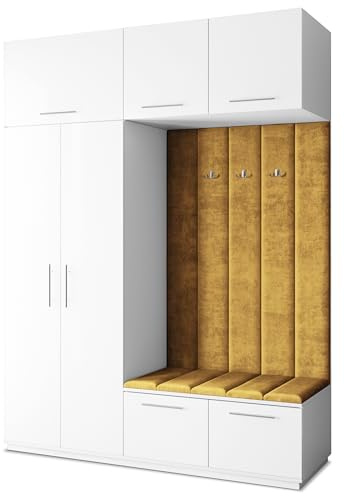 Masseno Flugarderoben Set Rema, Kleiderschrank-Set mit Sitzbank, Garderobenschrank Flur mit 5 Regalböden, Weiß