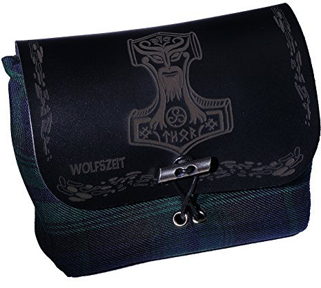Grüne Gürtel- / Kilttasche Mjölnir - Thors Hammer mit schwarzem Leder und Gravur