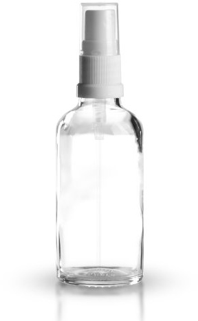 25 x Klarglasflaschen/Sprühflaschen 50ml inkl. Pumpzerstäuber/Sprühkopf weiss DIN 18 mit transparenter Schutzkappe/Klarglasflasche/Klarglas/Sprühflasche/Zerstäuber/Spraykopf