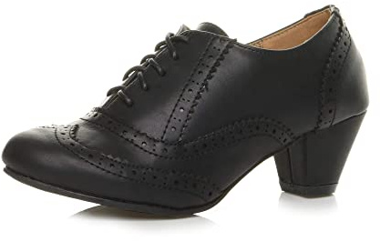 Ajvani Damsko med medelhög/låg blockklack med snörning, bekväm gummisula, brogue-ankelsko, stövlar, stövlett, storlek, Svart matt brogue, 37 EU