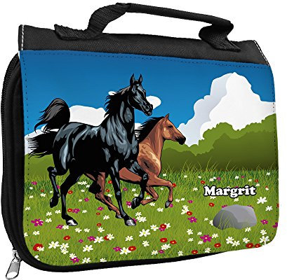 Kulturbeutel mit Namen Margrit und Pferde-Motiv für Mädchen | Kulturtasche mit Vornamen | Waschtasche für Kinder