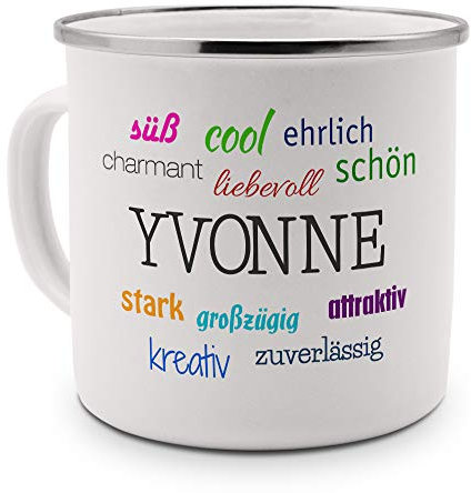 printplanet Emaille-Tasse mit Namen Yvonne - Metallbecher mit Design Positive Eigenschaften - Nostalgie-Becher, Camping-Tasse, Blechtasse, Farbe Silber