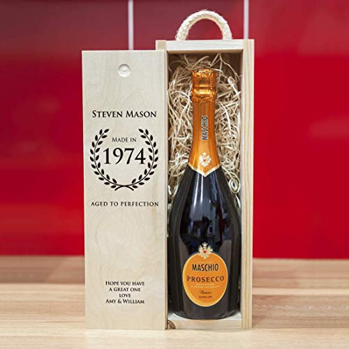 Personalised Wooden Wine Gift Box for Birthday, Wedding, Anniversary, Special Occasion - 'Aged to Perfection'. Lined with Woodwool