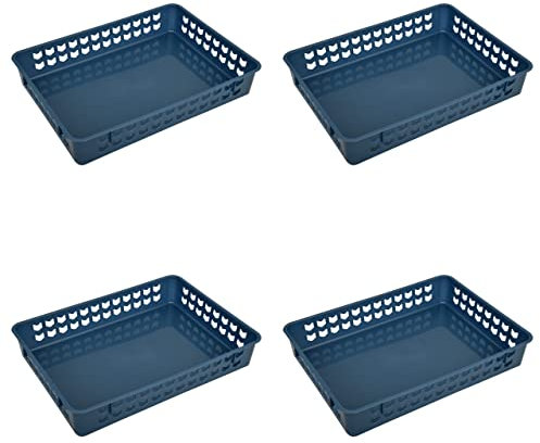 FenixDepot 4 Storage Organising Multipurpose Plastic Tray Basket for Home and Office Use 36x26cm - Set of 4 (Blue)