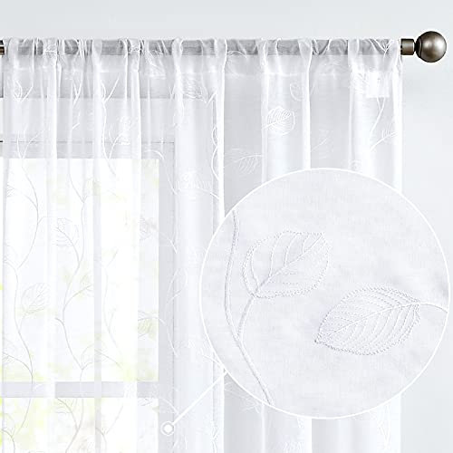 Vangao Weiße transparente Vorhänge, bestickt, halbtransparent, Vorhänge mit Blattfliesen, lichtstreuend, Sichtschutz mit Stickerei, Voile, für Wohnzimmer, Schlafzimmer, Küche, 160 cm, 2 Bahnen