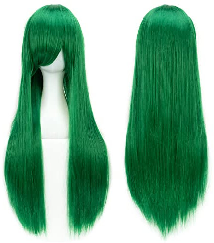 IMISSU 80 cm langes glattes Naturhaar Cosplay Perücken mit Pony Bunt Halloween Kostüm Party Perücke Haarverlängerungen (Hell Grün)
