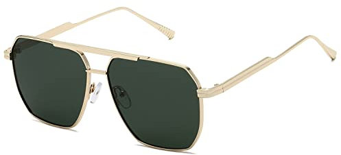 kimorn Polarisierte Sonnenbrille für Damen und Herren, Retro, übergroß, quadratisch, Vintage, modisch, UV400, klassische große Metall-Sonnenbrille K1221, Goldgrün