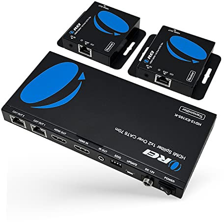 OREI 4K 1x2 HDMI Over ethernet Extender Splitter Over CAT6/7 ethernet Cable 4K@30Hz up to 165 ft - 1 in 2 Out, 1080P@60Hz Upto 230 ft, PoC, IR Control, EDID, HDMI Loop Out (HD12-EX165-K)