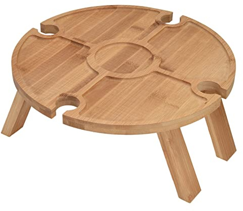 Jauarta Table à Vin Portable, Table de Pique-Nique Pliante Extérieure en Bois avec Porte-Verre à Vin, Plateau de Collation de Table à Vin de Camping Portable