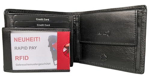 Dolphin® Herren Leder Geldbörse “Rapid Pay” - Brieftasche mit kontaktloser Schnell-Zahlungsfunktion in 3 Größen - Hochformat u. Querformat - Portemonnaie mit RFID Schutz (XL-Querformat)
