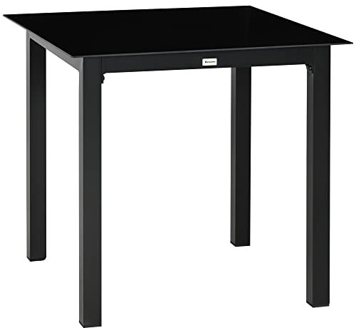 Outsunny Mesa de jardín cuadrada mesa de comedor exterior para 4 personas con tapa de cristal templado y marco de aluminio 80 x 80 x 74 cm, color negro