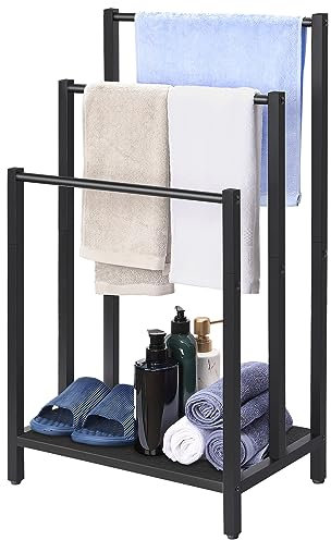 3 Tier Freestanding Towel Rack, Towel Rail Metal Ladder Towel Holder Drying Stand with 3 Towel Rails and Storage Shelf, Bathroom Accessories Organizer for Bath Storage & Hand Towels, Washcloths, Black