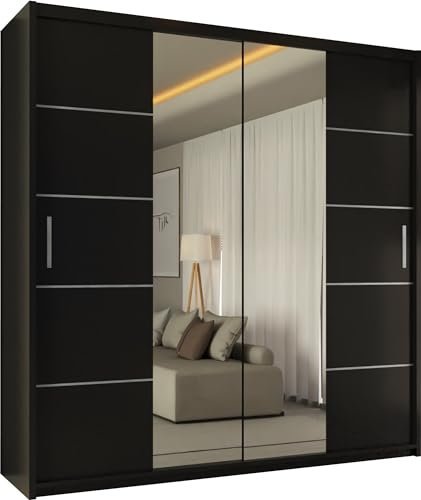 SLIDING WARDROBE 4U Winnipeg Double Door Sliding Mirror Wardrobe with Adjustable Shelves and Hanging Rails (Black, 180cm)