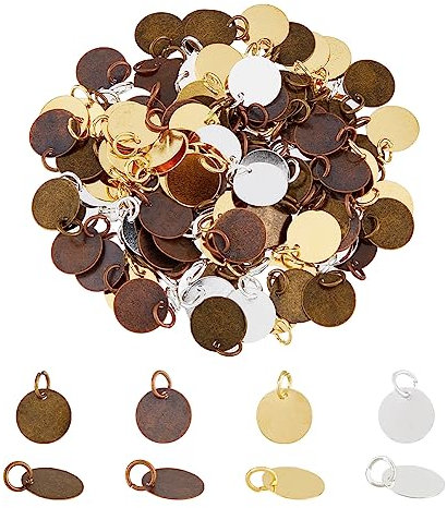 SUPERFINDINGS 120 Stück 4 Farben Messing Stanzrohling Anhänger Flache Runde Metallstempel Anhänger 12mm Durchmesser Rohlinge Anhänger Für Die Herstellung von Schmuck Und Halsketten, Bohrung: 4mm