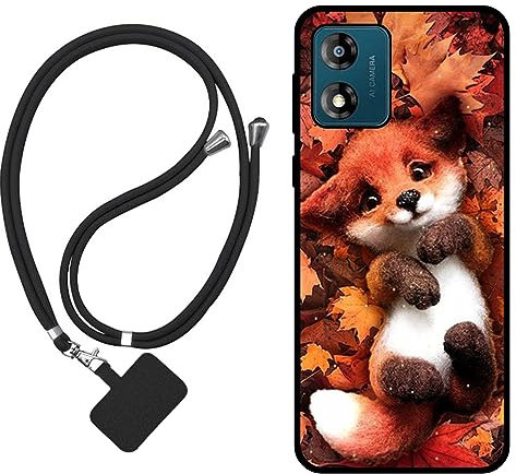 Sunrive Coque Compatible avec Motorola Moto e13,TPU Étui Housse Protecteur Souple Gel Mat Back Cover Mignon Motifs Antichoc Case(Le Renard Feuille d'érable)+1x Universelle Dragonne