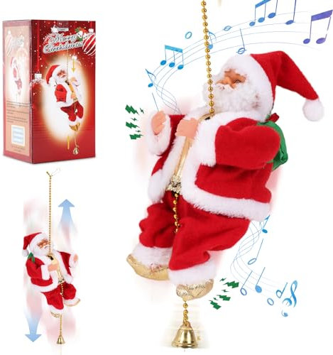 Gfilay Pere Noel Grimpeur avec Musique, Ornamental de Sapin de Noël, Père Noël Original Grimpant sur Corde, Décoration de Fête