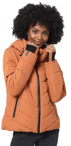 MARIKOO Winterjacke Damen (XS-3XL) - Wasserabweisend, Warm, Kapuze abnehmbar, Winddicht - Steppjacke, Frauen - Stehkragen, 4 Taschen, verlängerter Zipper - Cinnamon S