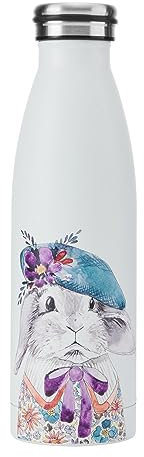 Mikasa x Tipperleyhill Bouteille en acier inoxydable à double paroi, 500ml Bouteille à boissons isolée sous vide pour conserver les boissons froides et chaudes avec impression de lapin
