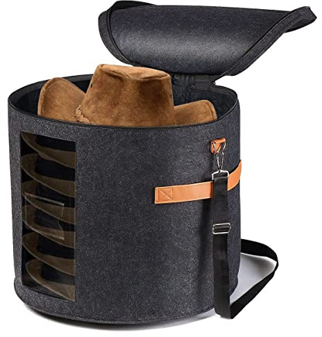 Micvtve Round Hat Storage Box - Foldable Hat Box with Lid for Stuffed Clothes and Animal Toy, Carrying Organizer Box Dark Grey