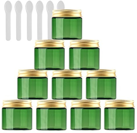 PQPAUTY 12 Pièces Vides Petit 50 ml Vert Cosmétique Pot en Plastique avec Couvercle Or 50 g Pots de Cosmétique Crème de Bouteille Contenant avec 6x Spatules