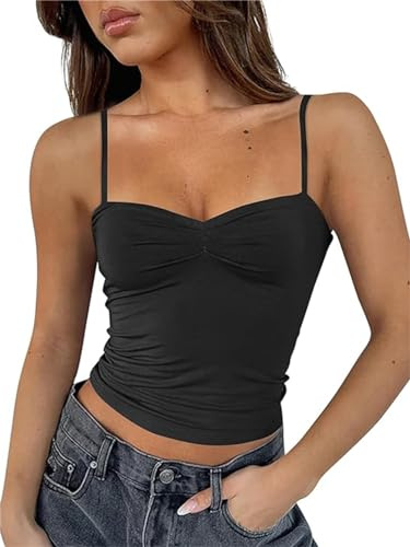 FOFAINWE Damen ärmelloses herzförmiger Ausschnitt Crop Tank Tops rückenfrei Spaghettiträger Plissee Bustier Y2K Camis Ausgehen Top