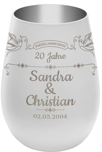 Windlicht mit Gravur ''20 Jahre Porzellanhochzeit'' - Weiß/Silber - Glas Teelichthalter personalisierbar mit Wunschtext - Geschenk zu Hochzeit Jahrestag Jubiläum