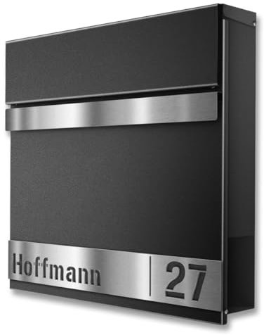 Metzler Massiver Briefkasten in Schwarz Gustav - Inkl. Zeitungsfach - Wandbriefkasten mit Namensschild aus V2A Edelstahl - Pulverbeschichtung in RAL 7016 - Postkasten, Größe: 37 x 37 x 10,5 cm